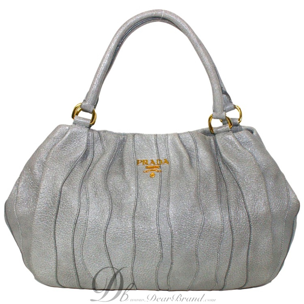 PRADA Cervo Lux Stripes Silver Leather 2Way Hand Shoulder Bag w/COA & Dust Bag